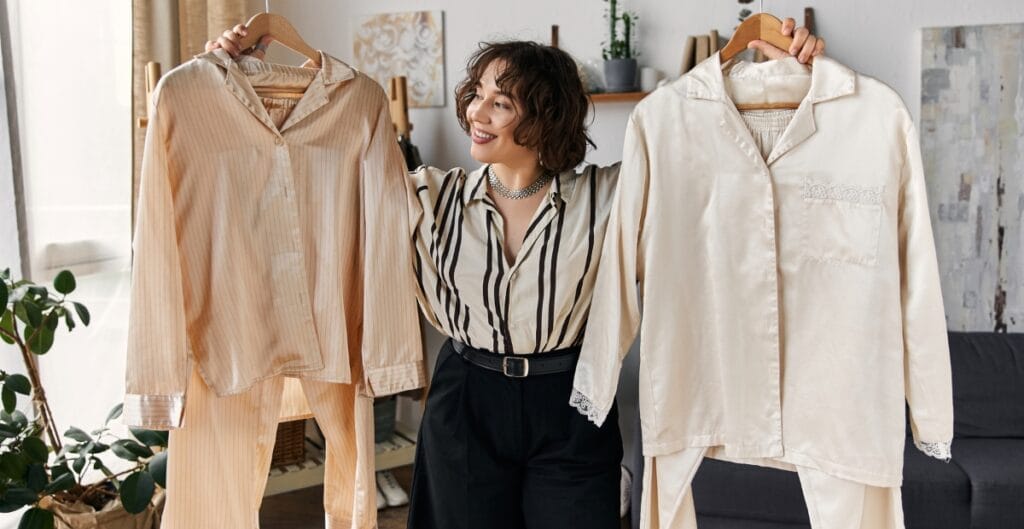 A woman smiling and holding up two pajama sets on hangers inside a cozy, well-lit room with plants and modern décor