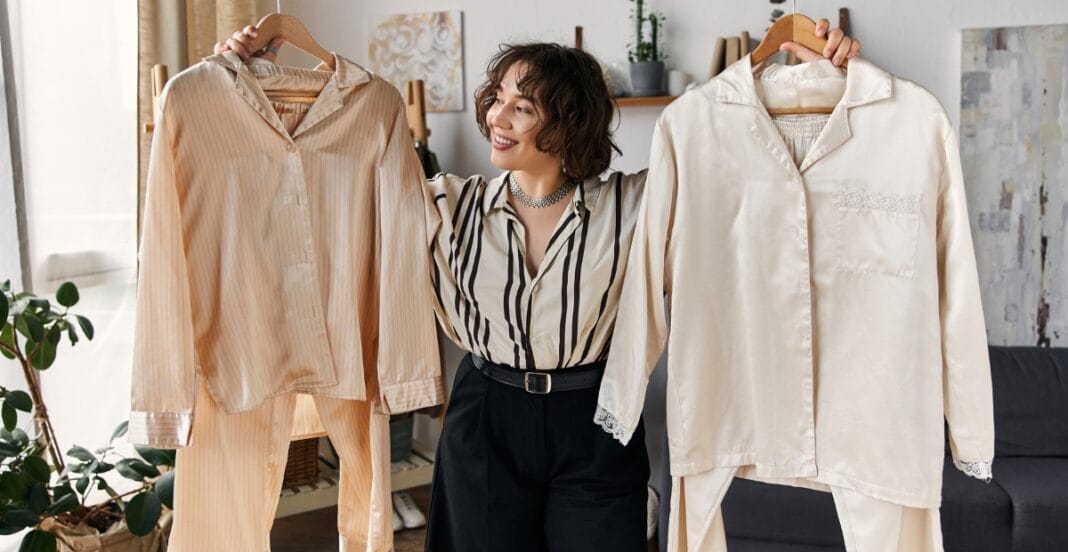 A woman smiling and holding up two pajama sets on hangers inside a cozy, well-lit room with plants and modern décor