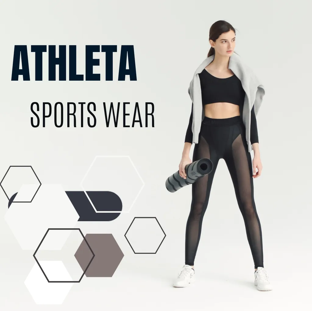 A young woman standing confidently in athleisure wear, holding a rolled yoga mat, wearing a black crop top, sheer black leggings with side stripe details, and a gray sweatshirt draped over her shoulders. The background is light gray with geometric hexagon patterns and the words "ATHLETA SPORTS WEAR."