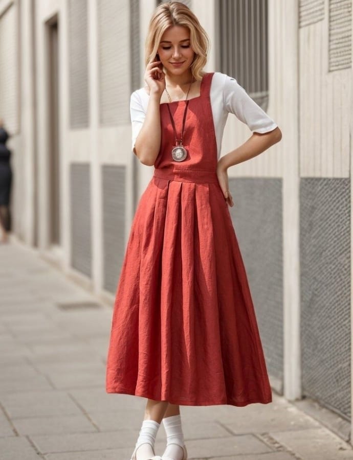 A woman standing on a city sidewalk wearing a long, red cotton pinafore dress layered over a white top. She has blonde hair, a pendant necklace, and white socks with white shoes.