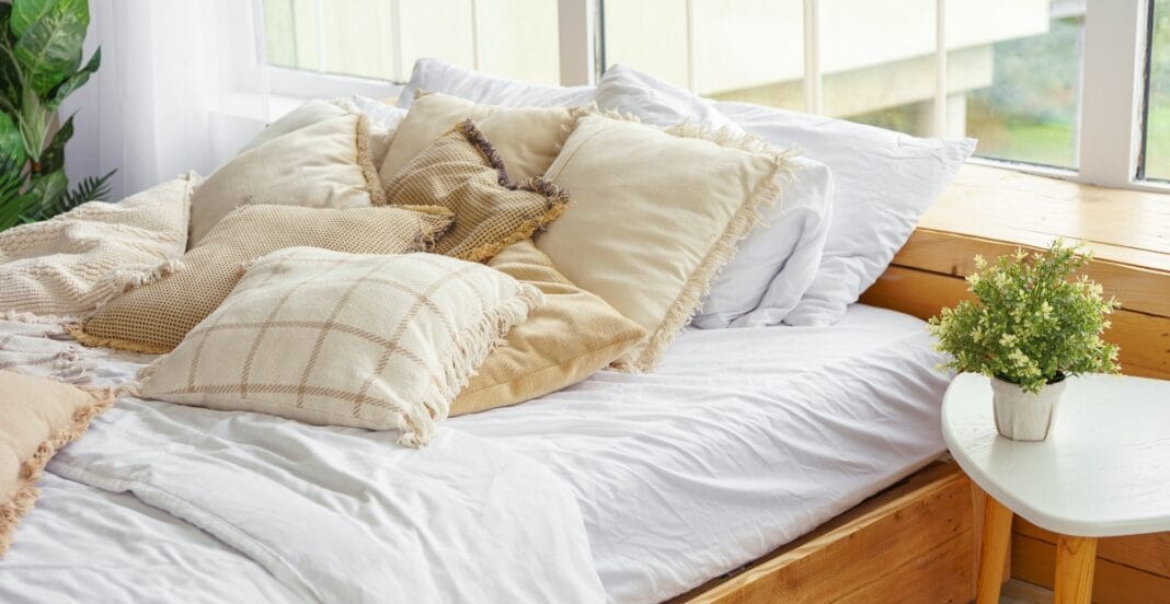 A cozy bed with white sheets and several beige and checked pillows, situated near a window with sunlight streaming in. A small white side table holds a potted green plant.