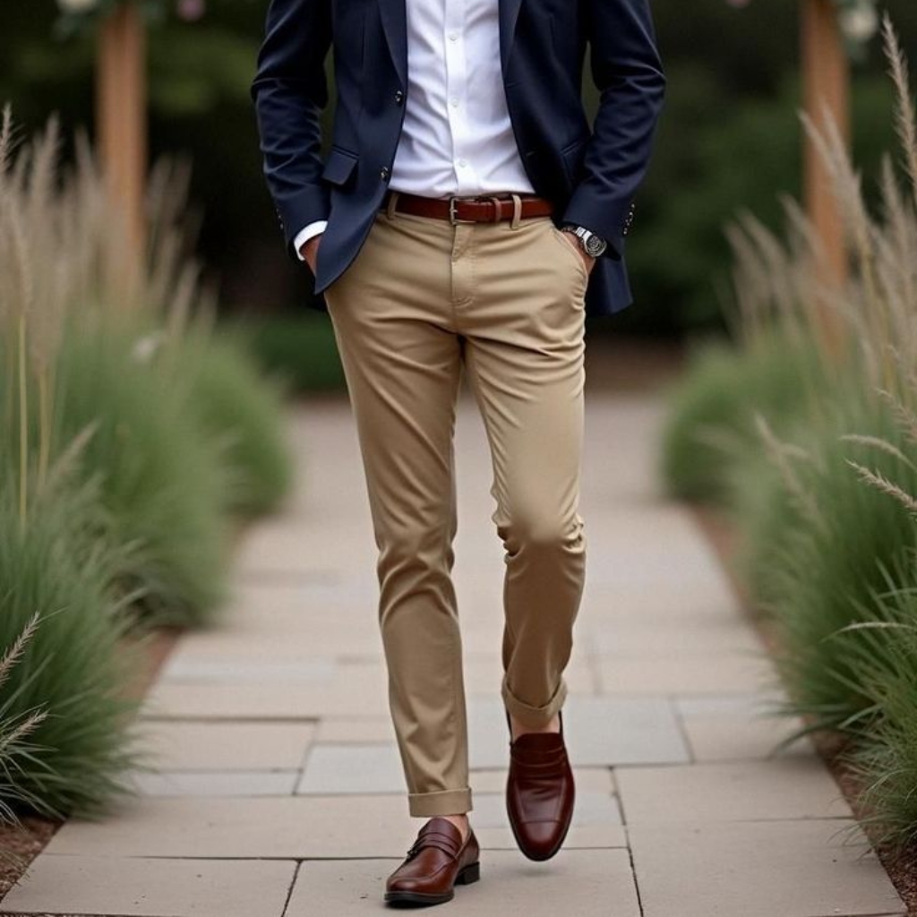 Close-up of a man walking outdoors on a pathway lined with greenery, wearing beige chinos, a navy blazer, and brown shoes with his hands in his pockets.