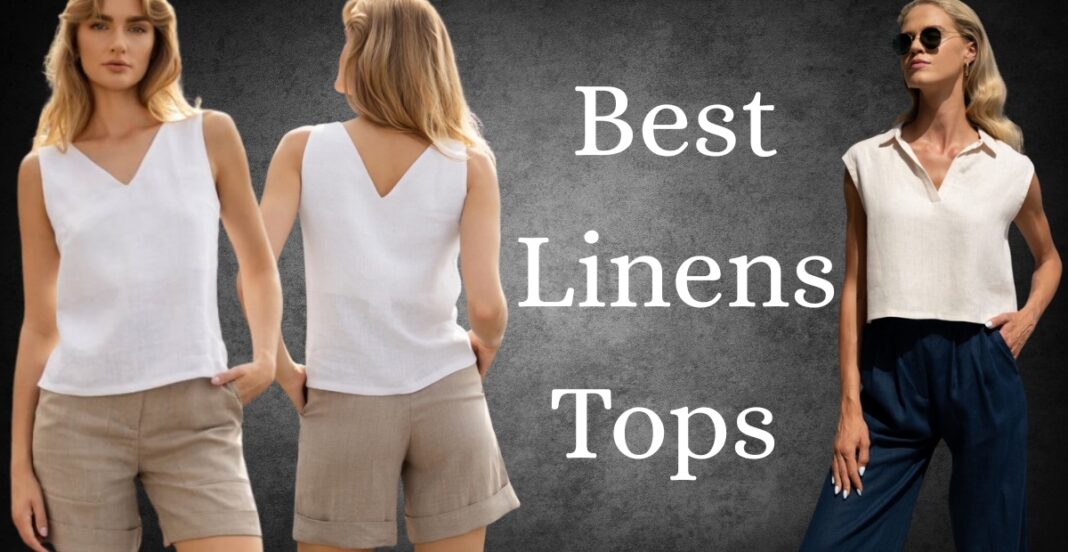 Two women are modeling linen tops in front of a dark textured background. The woman on the left is wearing a sleeveless white linen top with beige shorts, facing forward and slightly to the side. The woman on the right is wearing a short-sleeved white linen top with navy blue pants, standing with her hands in her pockets.