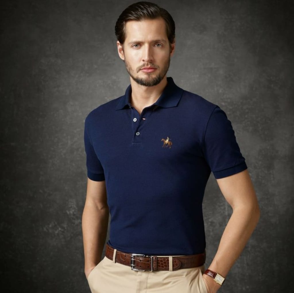 A man with light skin, dark brown hair, and a trimmed beard is standing against a dark, textured background. He is wearing a navy blue polo shirt with a small embroidered logo of a horse and rider on the left chest, paired with beige trousers and a brown leather belt. He has a serious expression and has one hand in his pocket.