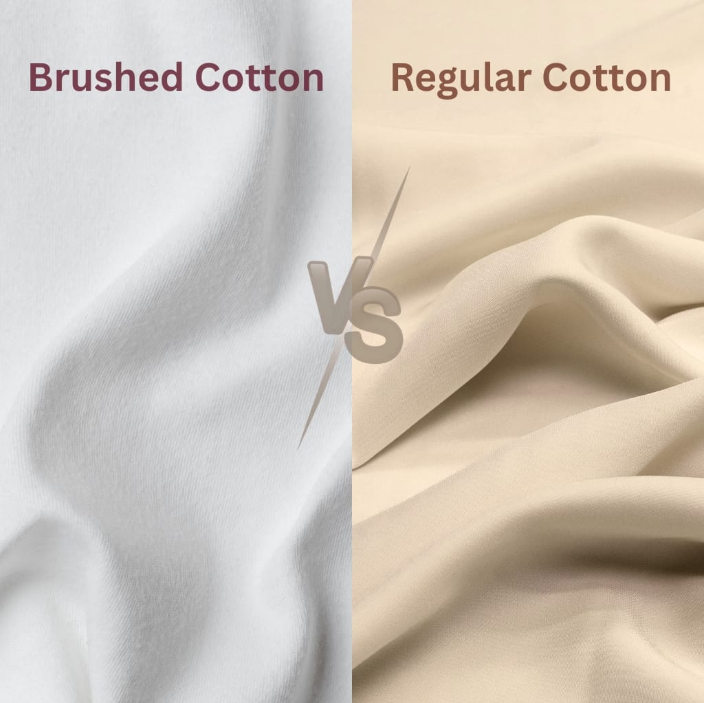 A comparison image showing two types of cotton fabric: on the left, soft, matte, and textured brushed cotton; on the right, smooth, plain, and shiny regular cotton.