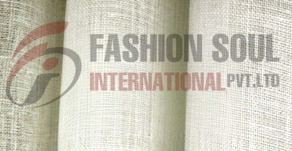 A close-up image of a light-colored linen fabric curtain with a semi-transparent logo of "Fashion Soul International Ltd" printed on it.