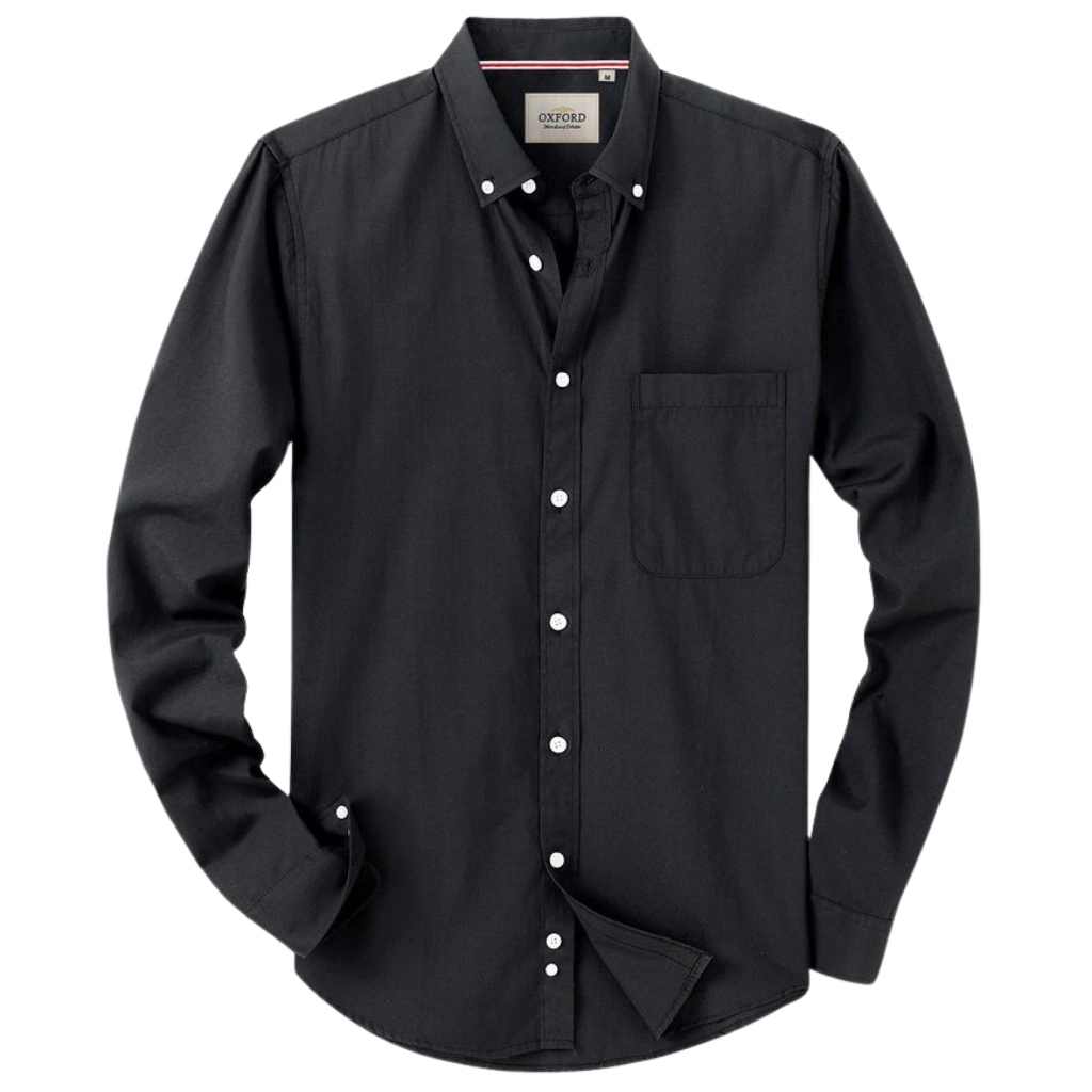 A black button-down shirt with a collar, long sleeves, and a chest pocket, suitable for business casual Fridays.