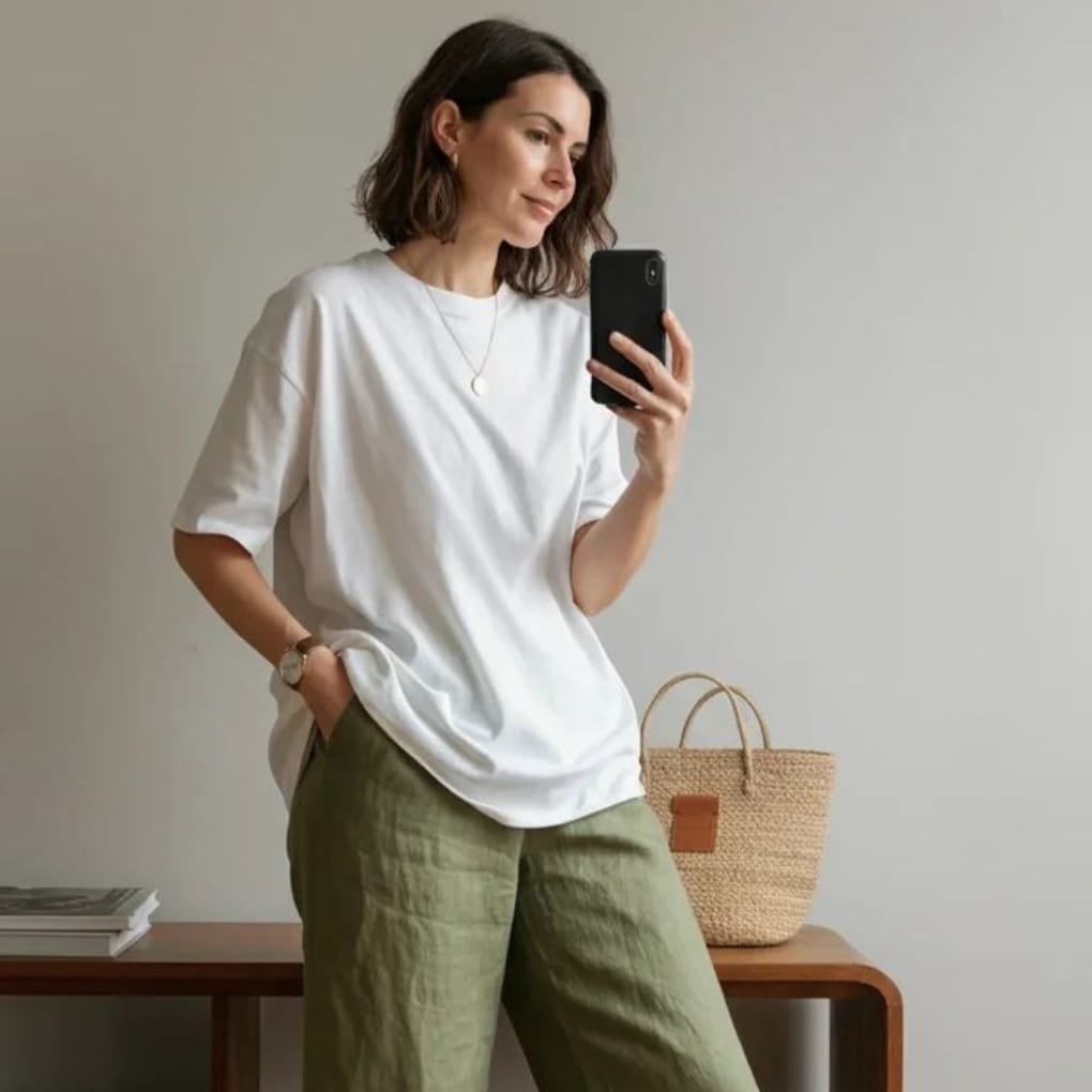 Woman with shoulder-length dark hair, wearing a loose white T-shirt and olive-green pants, taking a mirror selfie in a minimalist room with a wooden table, magazines, and a woven handbag in the background.