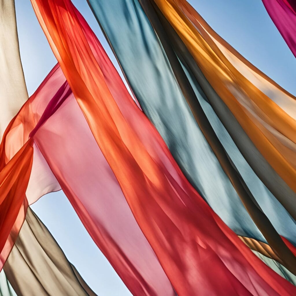 Colorful fabric or silk scarves hanging outdoors against a blue sky, flowing and layered in various shades of red, pink, orange, teal, black, and beige.