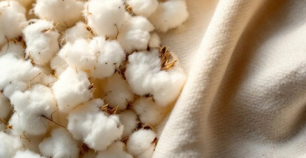 A close-up photograph of white cotton bolls, with some brown spines visible, resting on a soft, light-colored fabric surface.