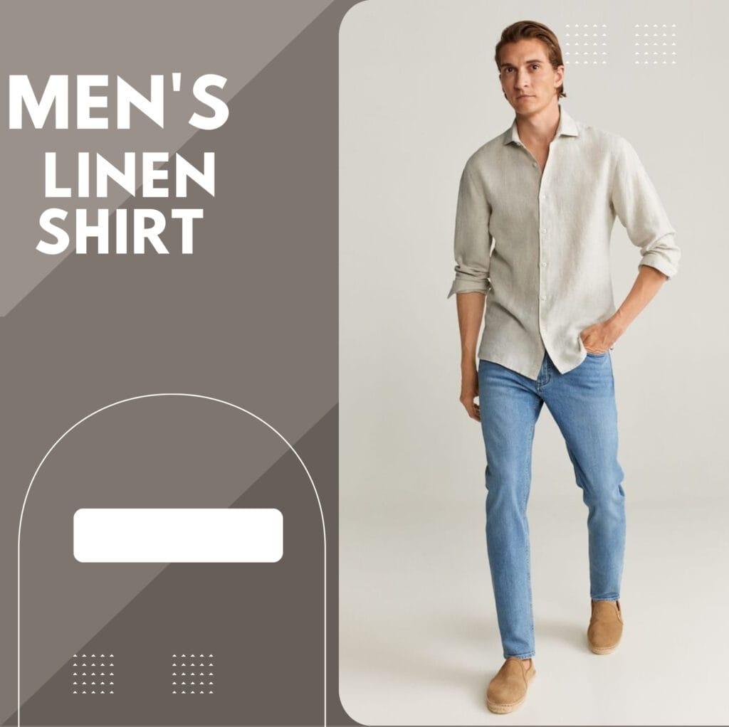 A young man wearing a light-colored linen shirt tucked slightly into blue jeans, with rolled-up sleeves, standing against a plain background.