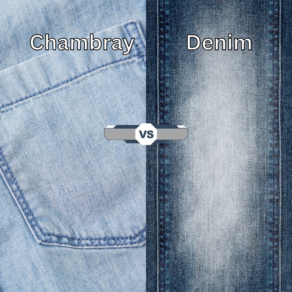 Close-up comparison of chambray and denim fabrics, with chambray showing a lighter, softer weave on the left and denim displaying a darker, more textured weave on the right. Labels indicate "Chambray" on the left and "Denim" on the right, with a "VS" in the center.