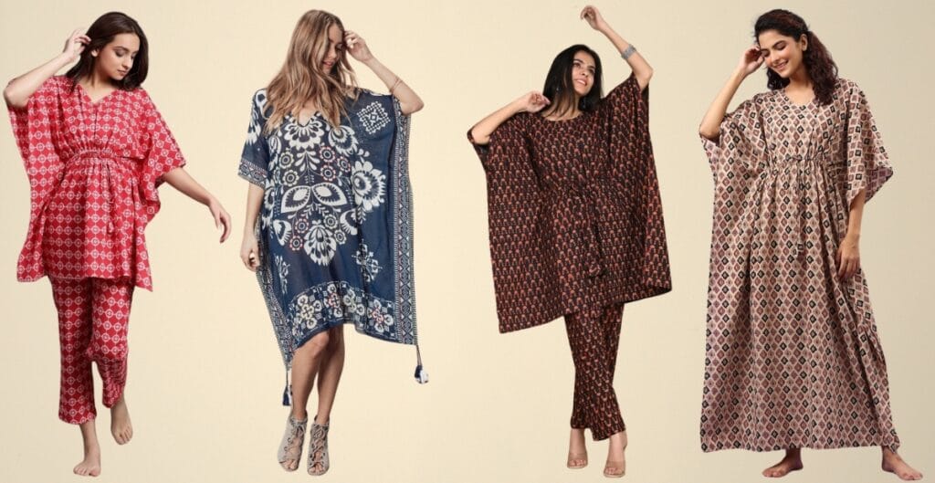 Four women modeling colorful cotton kaftan dresses in different patterns and colors, standing against a plain background.