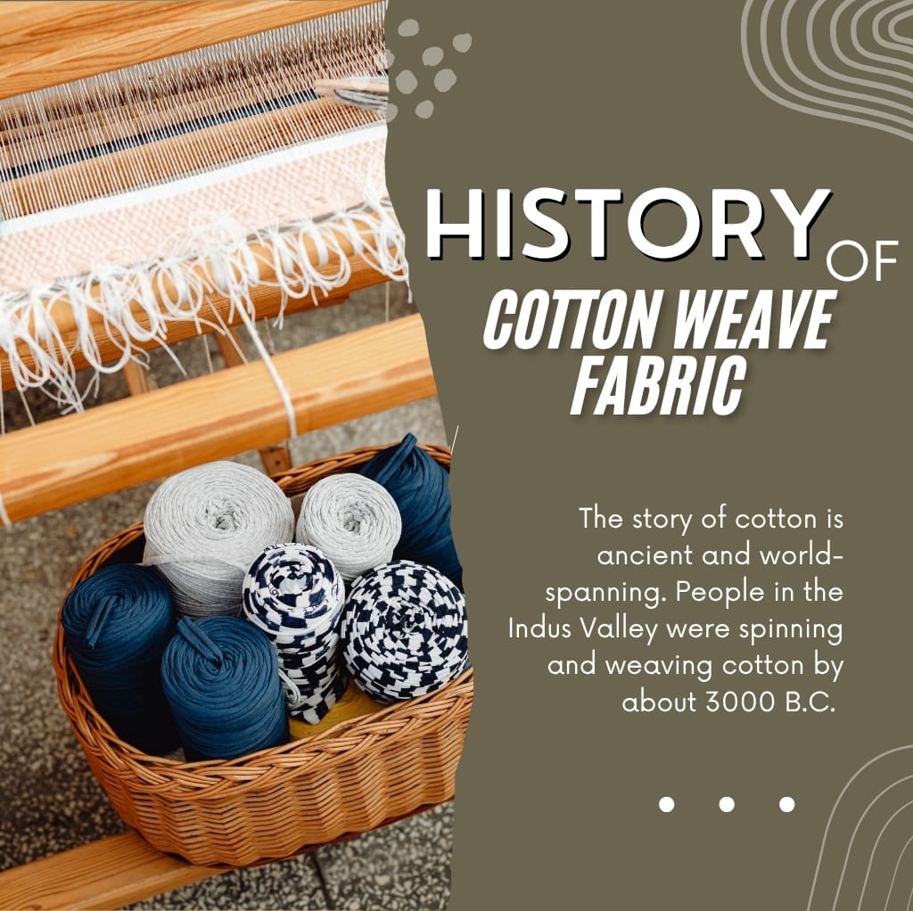 A woven cotton fabric on a loom with balls of blue, white, and patterned yarn in a basket beside it.
