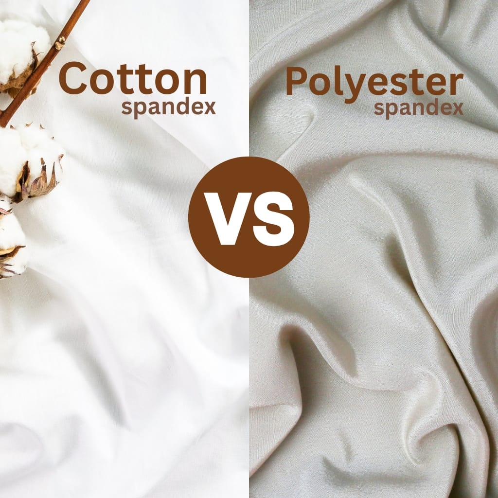 Comparison image showing two fabrics: on the left, a soft, white cotton-spandex fabric; on the right, a smooth, shiny polyester-spandex fabric with draped folds.