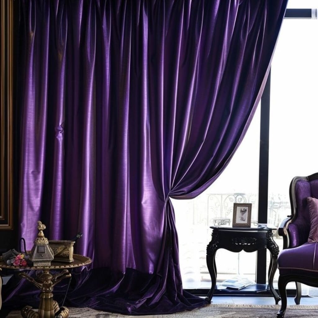 Luxurious purple velour curtains draped elegantly in a sophisticated interior space, with a slight sheen highlighting the rich fabric texture and deep color.