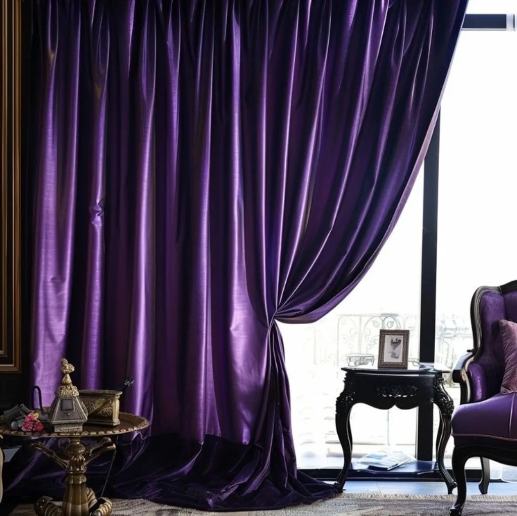 Luxurious purple velour curtains draped elegantly in a sophisticated interior space, with a slight sheen highlighting the rich fabric texture and deep color.