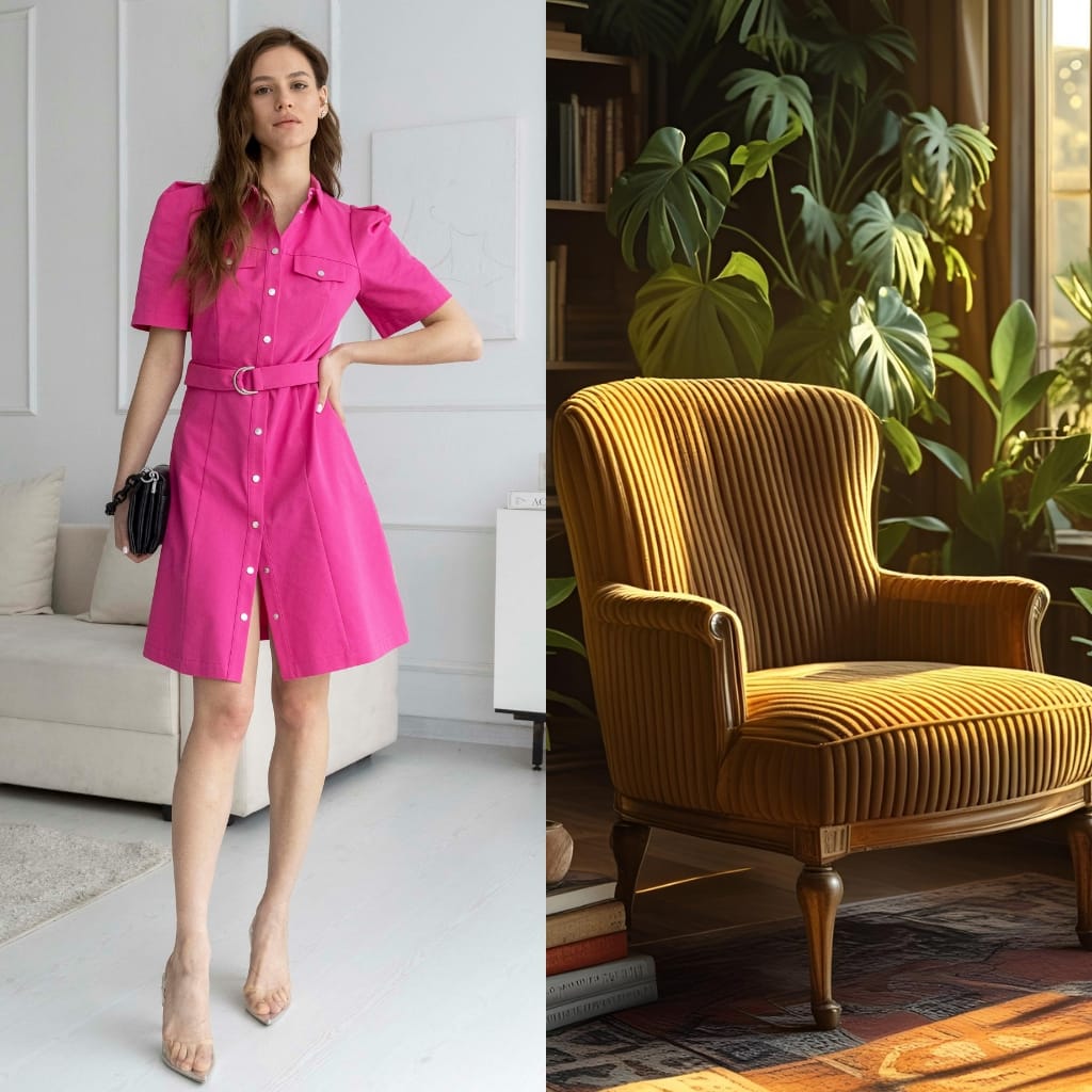 Comparison image showing a model wearing a pink corduroy dress on the left and a yellow corduroy upholstered armchair on the right.