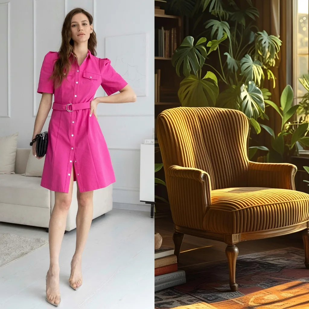 Comparison image showing a model wearing a pink corduroy dress on the left and a yellow corduroy upholstered armchair on the right.