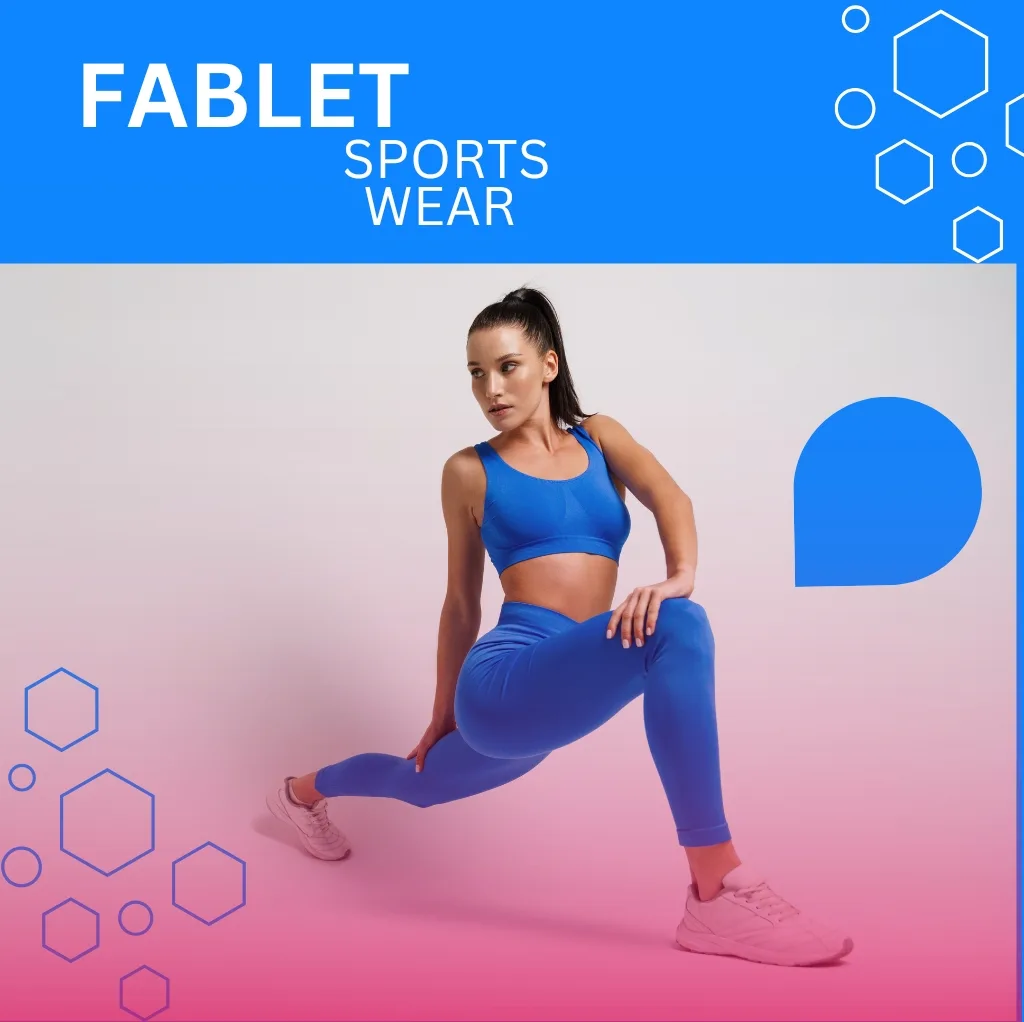 A woman in blue sportswear performing a lunge exercise against a pink and grey gradient background. The top left corner features the text "FABLETICS SPORTS WEAR" in white, with a geometric hexagon design in blue on the top right and bottom left corners.