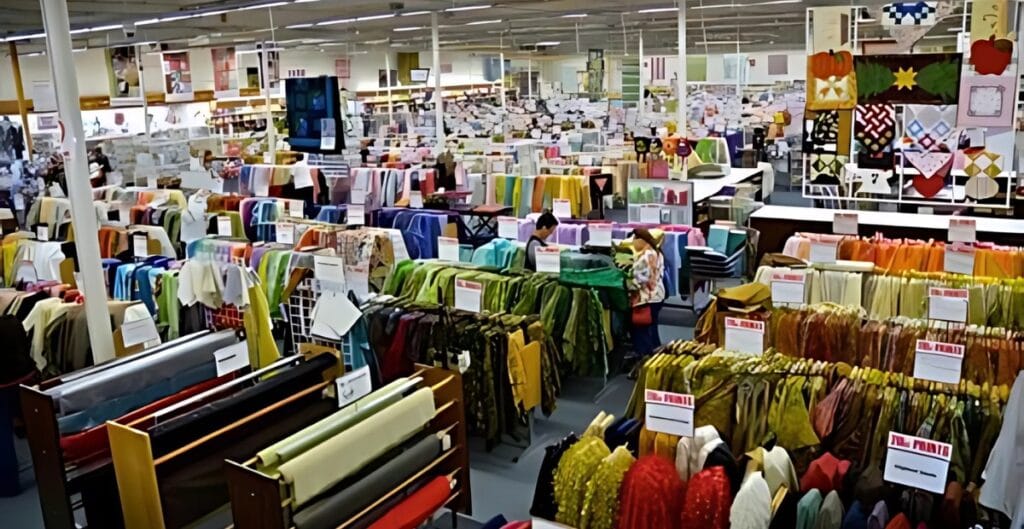 A large fabric store with numerous rolls of fabric displayed on racks in various colors and patterns, with customers browsing through the selection.