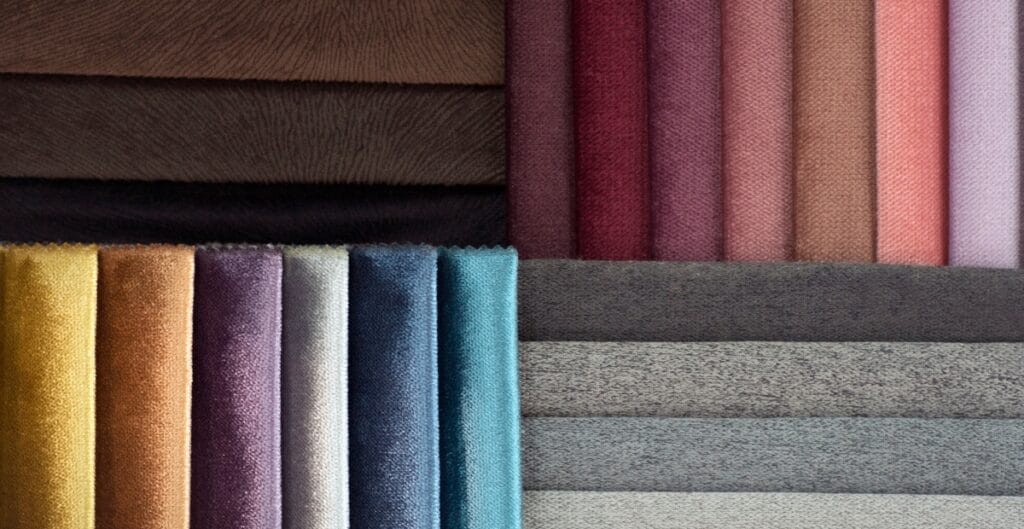 Rows of colorful fabric swatches and textured textiles arranged in a display.