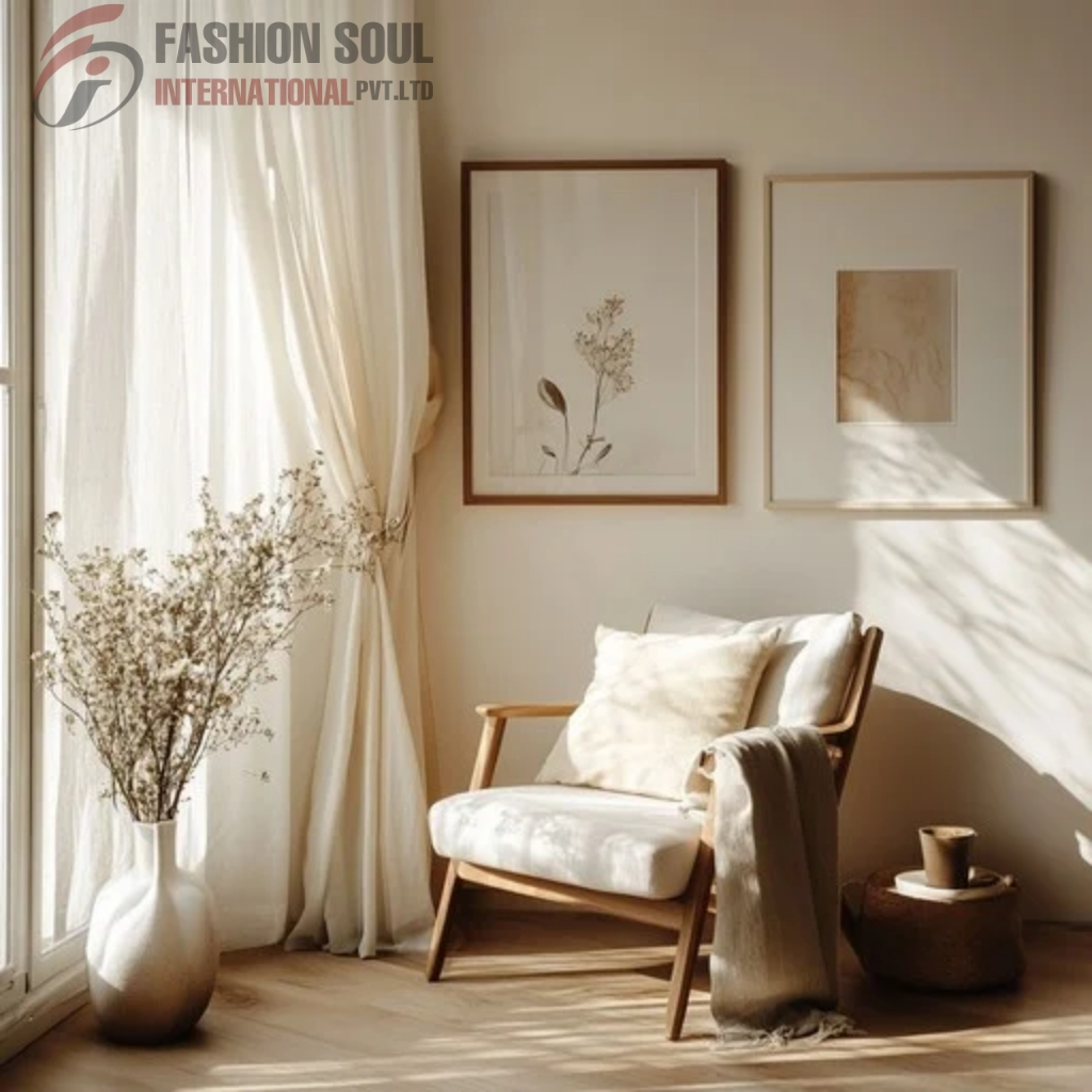 A cozy corner of a living room featuring a wooden armchair with plush cushions, a beige blanket draped over the side, a large vase with dried branches, and two framed botanical prints on the wall, all illuminated by natural sunlight streaming through a window with cream-colored curtains.