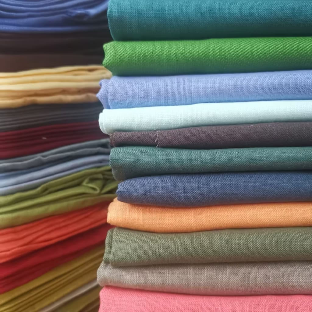 Colorful stack of folded fabric arranged vertically, showing various shades of blue, green, orange, pink, and neutral tones.