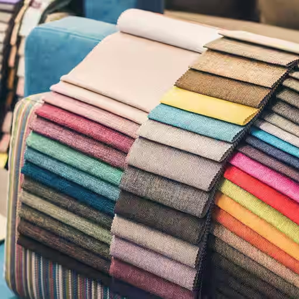 A display of neatly folded fabric swatches in various colors, arranged in stacks on a rack.