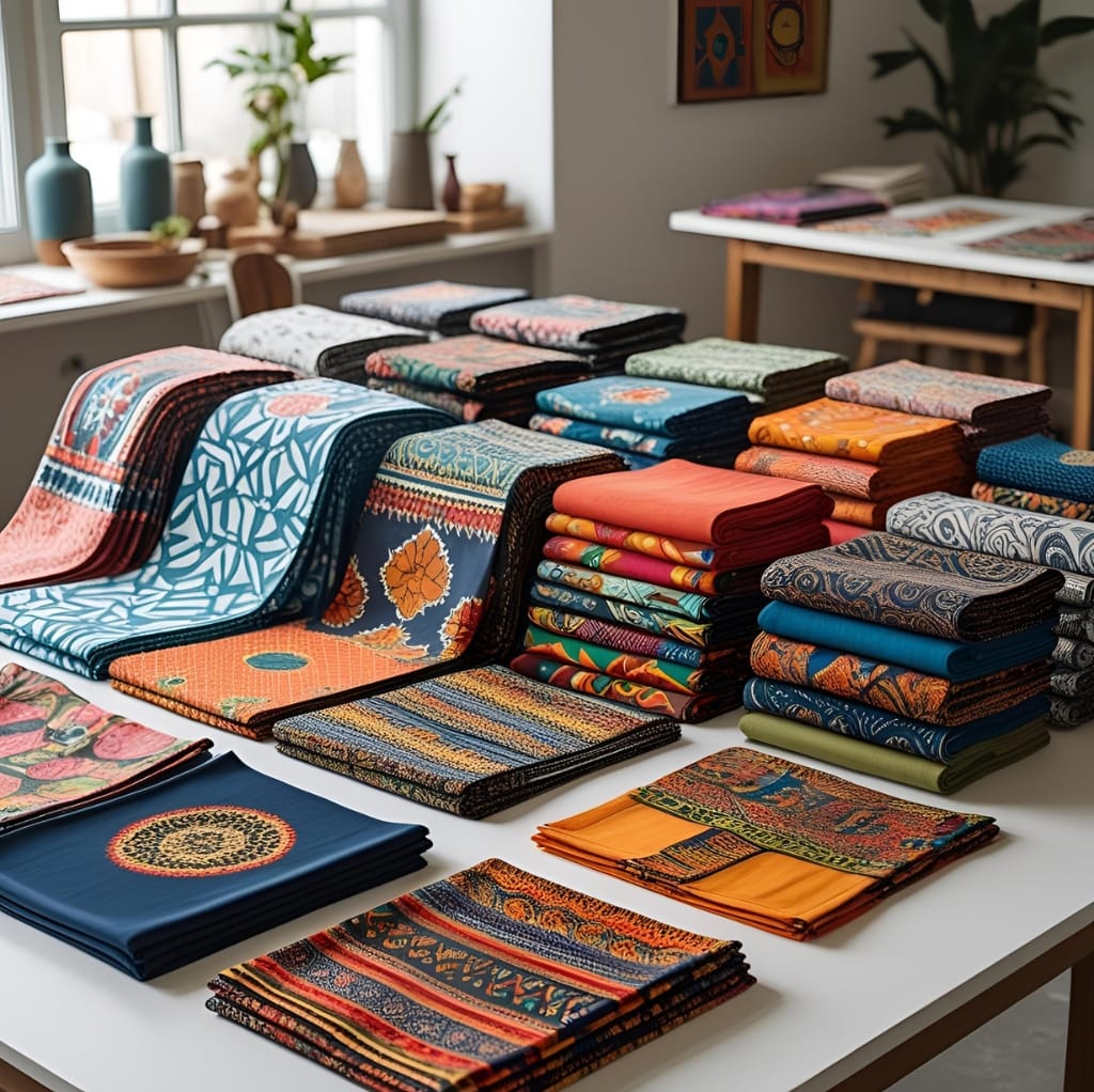 A neatly arranged display of colorful cotton fabrics with various intricate patterns and designs, placed on a white table in a well-lit room.