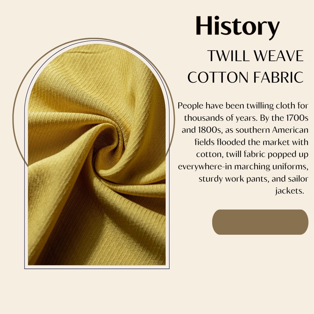 A close-up photograph of golden-yellow twill weave cotton fabric, showing its textured diagonal pattern, with a beige background and black text explaining the history of twill weave cotton fabric.