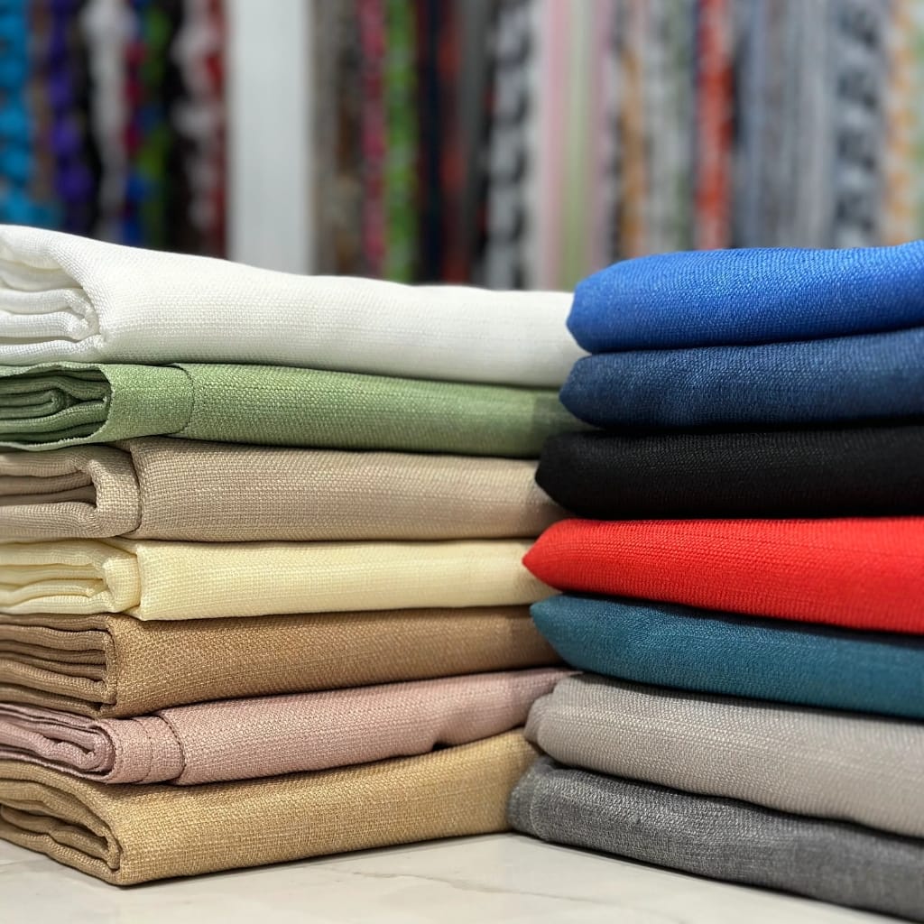Stacks of folded fabric in various colors, arranged in two neat piles on a surface. The background shows a blurred wall of colorful threads or fabric bolts.