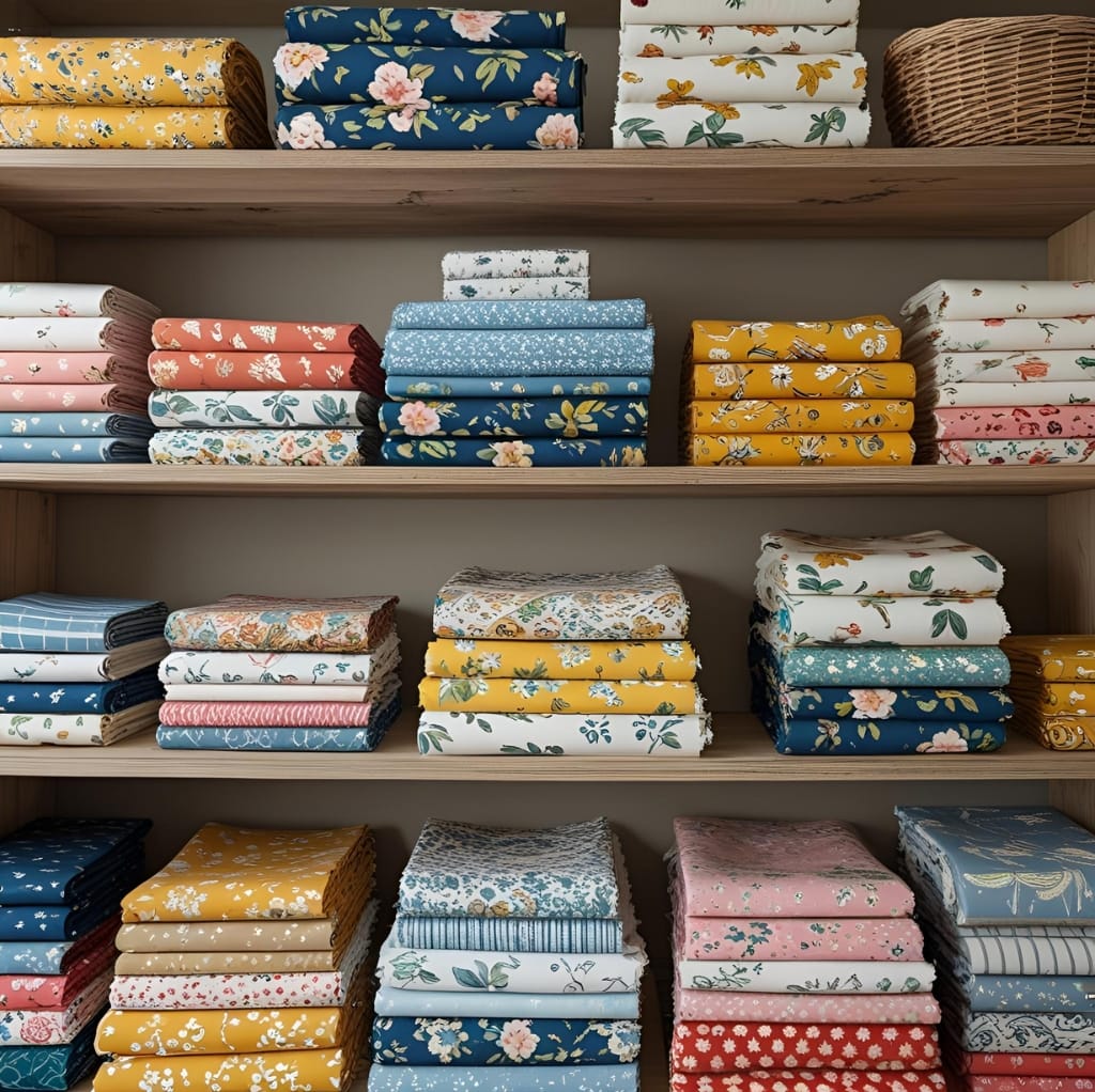 Stacks of folded cotton print fabric yards arranged on wooden shelves, showcasing various floral and patterned designs in multiple colors.
