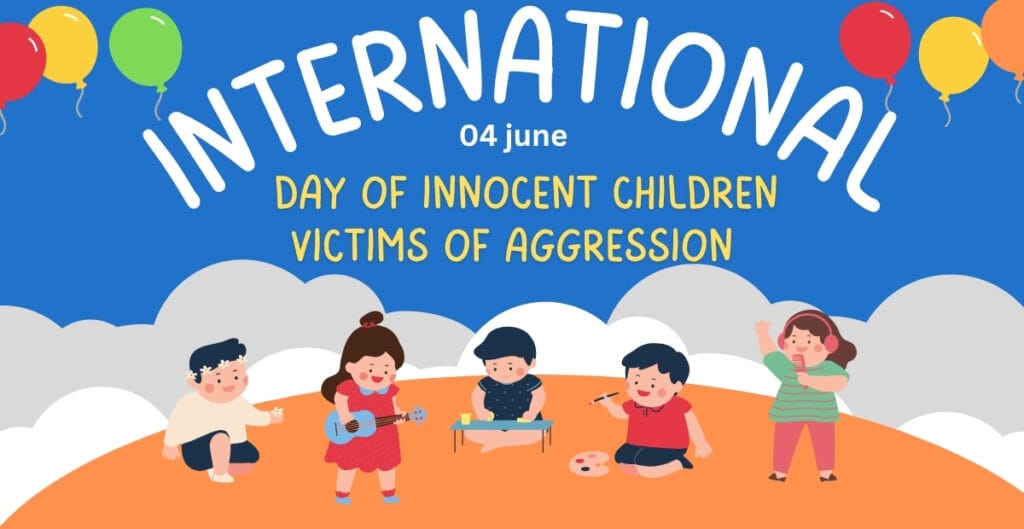 Colorful illustration for the International Day of Innocent Children Victims of Aggression on June 4, showing five happy children playing, with balloons, clouds, and a bright sky in the background.