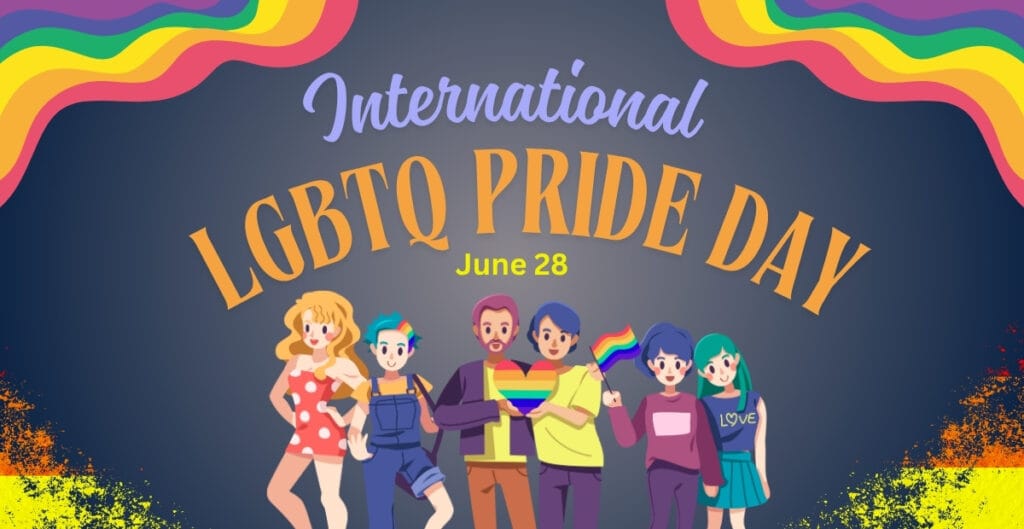 A colorful illustration celebrating International LGBTQ Pride Day featuring diverse cartoon characters holding rainbow flags and wearing vibrant attire, with rainbow-colored accents around the border.