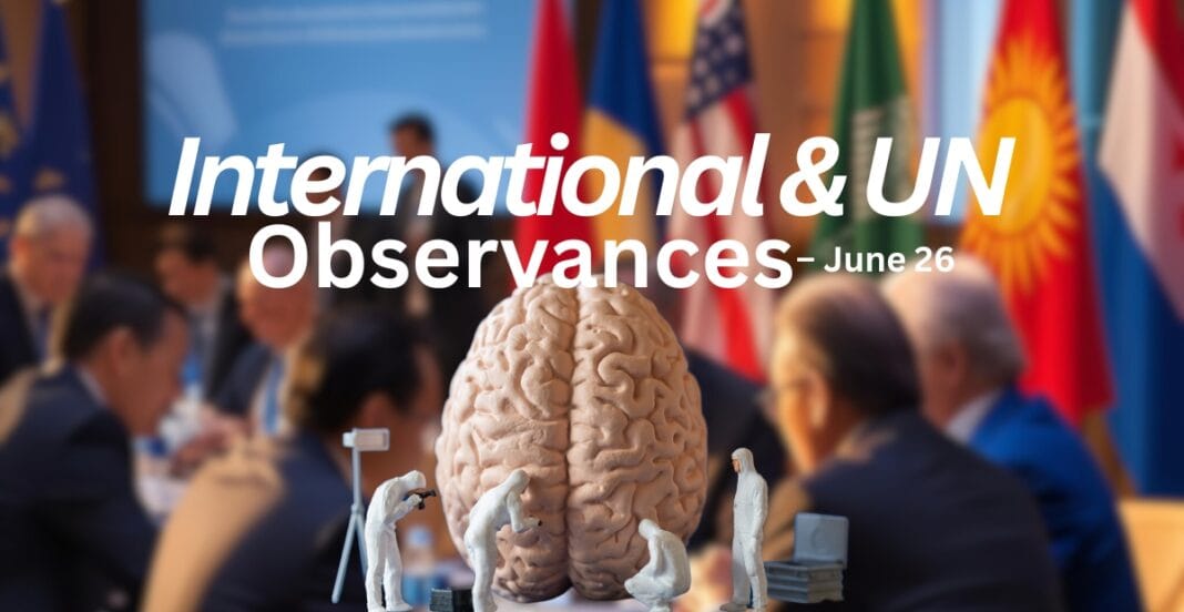 A digital graphic showing a large human brain in the center with miniature figures of scientists examining it, set against a blurred background of people in a conference or meeting room with international flags. The text reads 