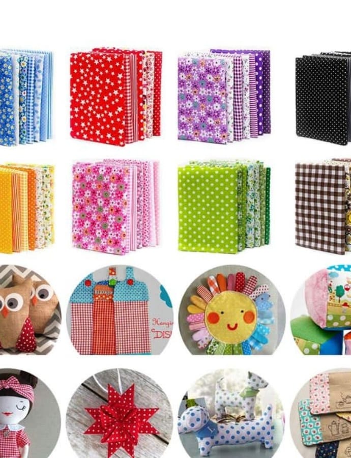 A colorful display of fabric squares with various floral, polka dot, and checkered patterns, alongside small craft projects featuring plush toys, dolls, and decorative items made from printed cotton fabric.