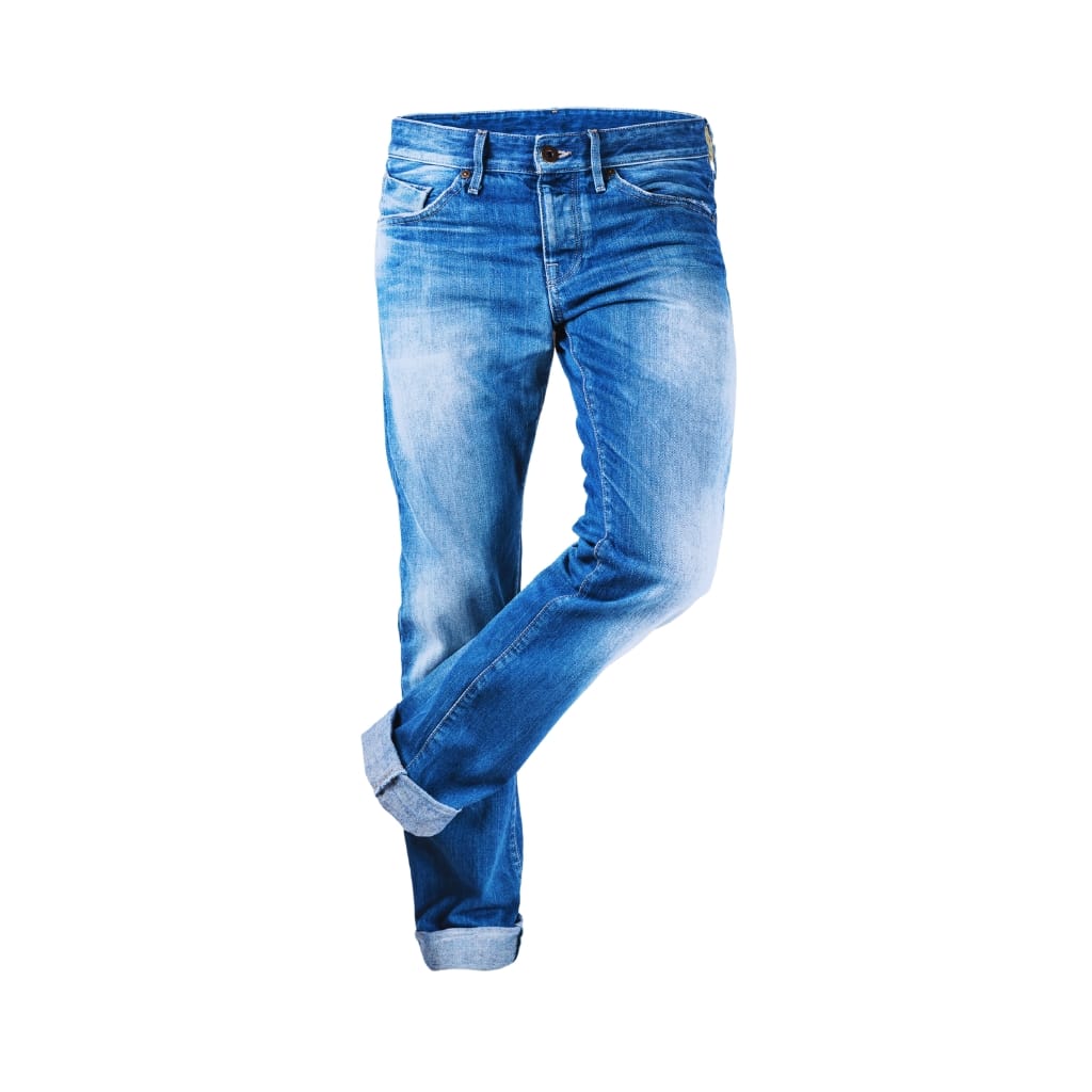 A pair of blue denim jeans with a subtle shine and smooth finish, displayed against a plain white background. The jeans are rolled up at the cuffs to showcase the inner fabric.