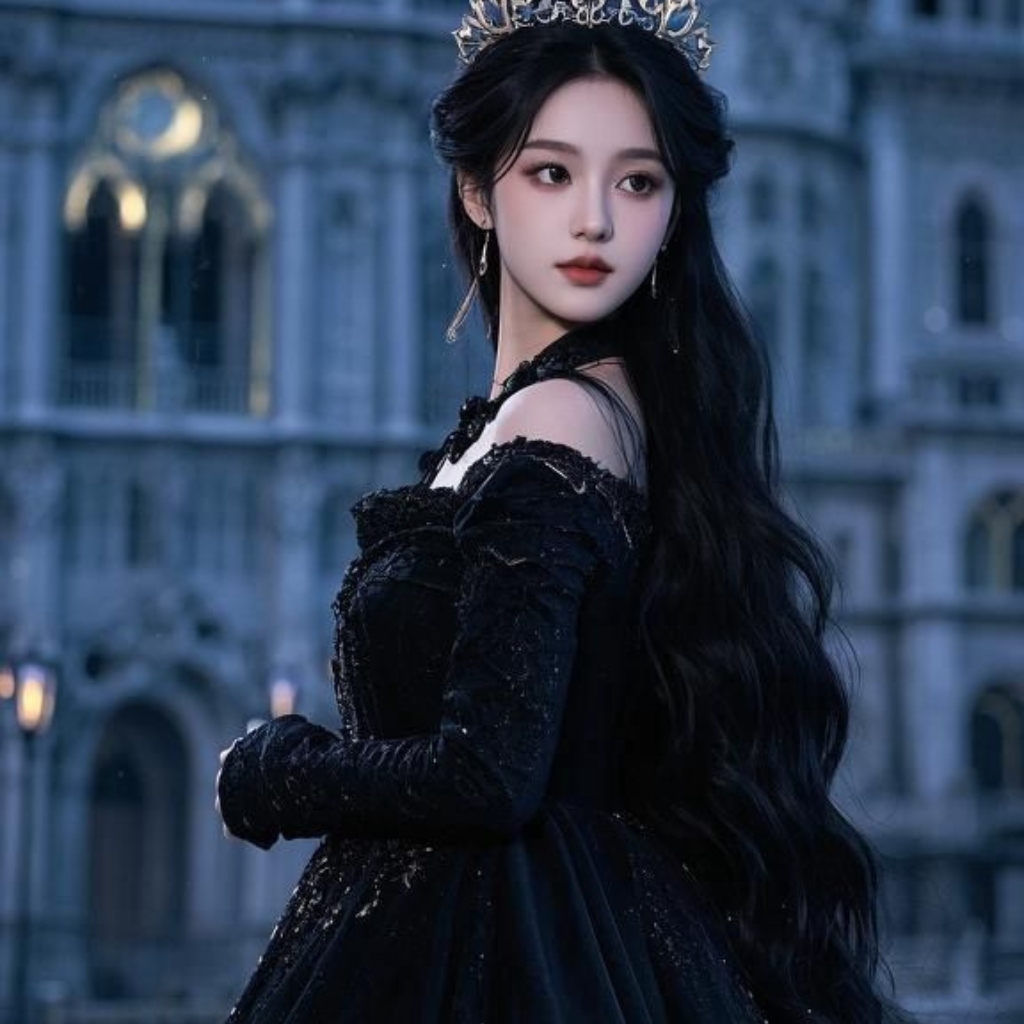 A young woman dressed in an elegant black gown with intricate lace details, long wavy black hair, and wearing a delicate crown, standing outdoors against a grand, historic building illuminated in soft evening light.