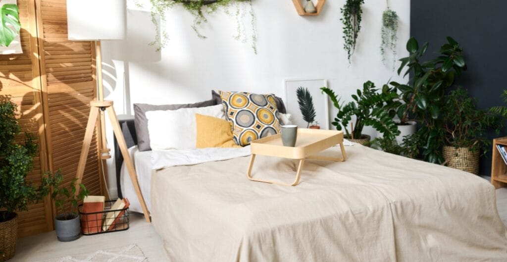 A cozy bedroom with a beige bedspread, multiple decorative pillows, a wooden side lamp, and abundant green houseplants against a white and dark accent wall.