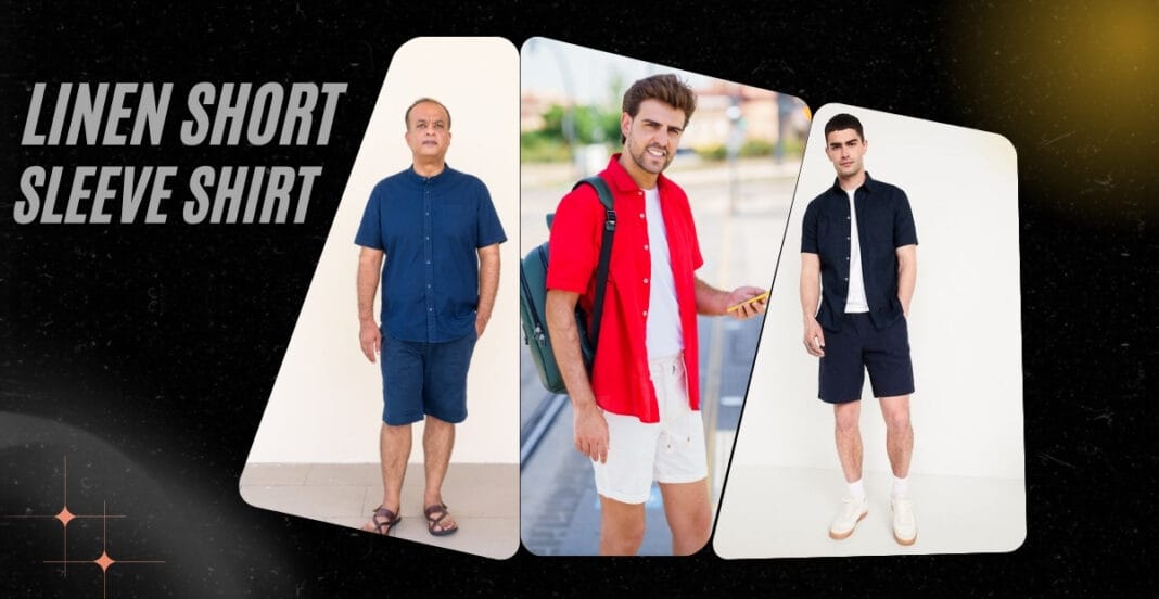Three models wearing different styles of linen short sleeve shirts, with one in blue, one in red, and one in navy blue, standing in various poses against plain backgrounds.