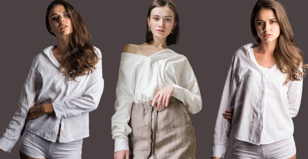 Three women posing against a dark background, each wearing a white top with different styles and expressions.