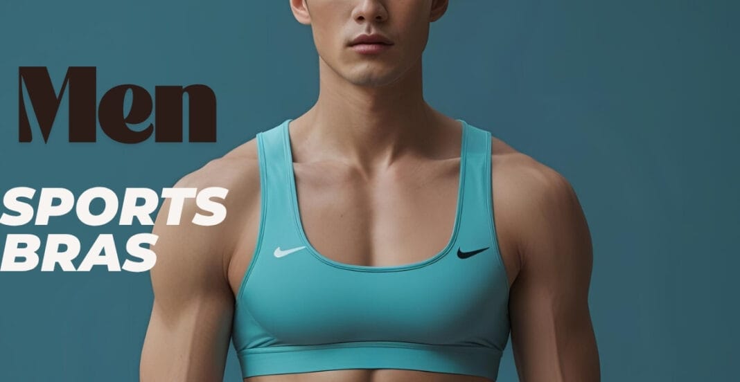 A man wearing a light blue sports bra, standing against a neutral background. The image prominently features the words 