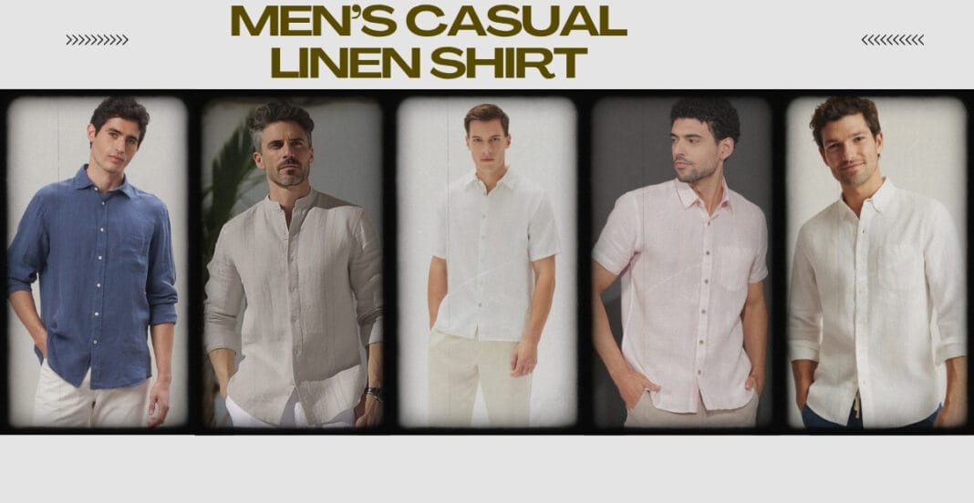 A promotional image featuring five men wearing casual linen shirts in various shades and styles. The men are standing against a light background, showcasing different perspectives of the shirts.
