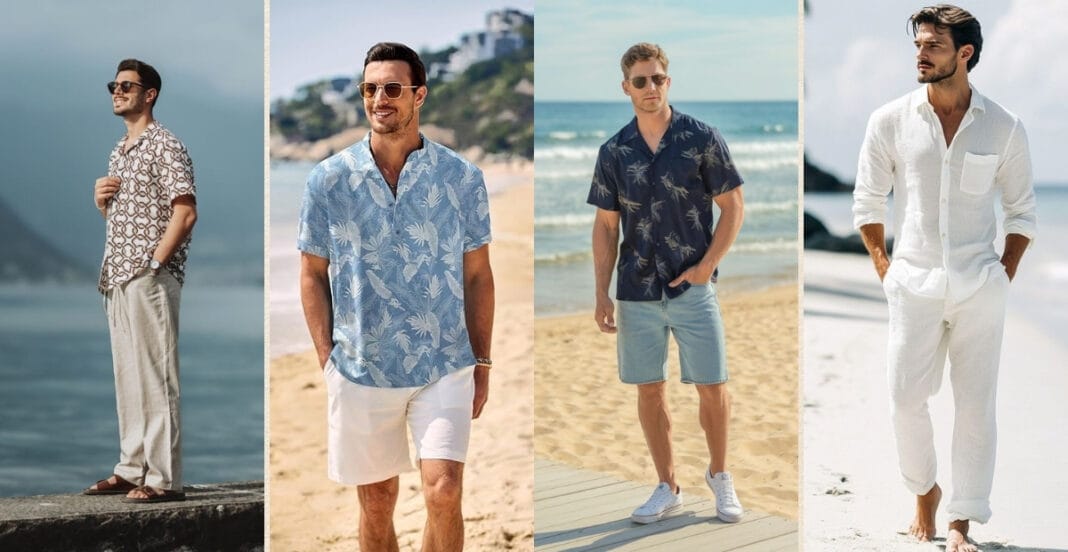 A collection of four men’s vacation shirts, each styled differently for beach or casual outings.
