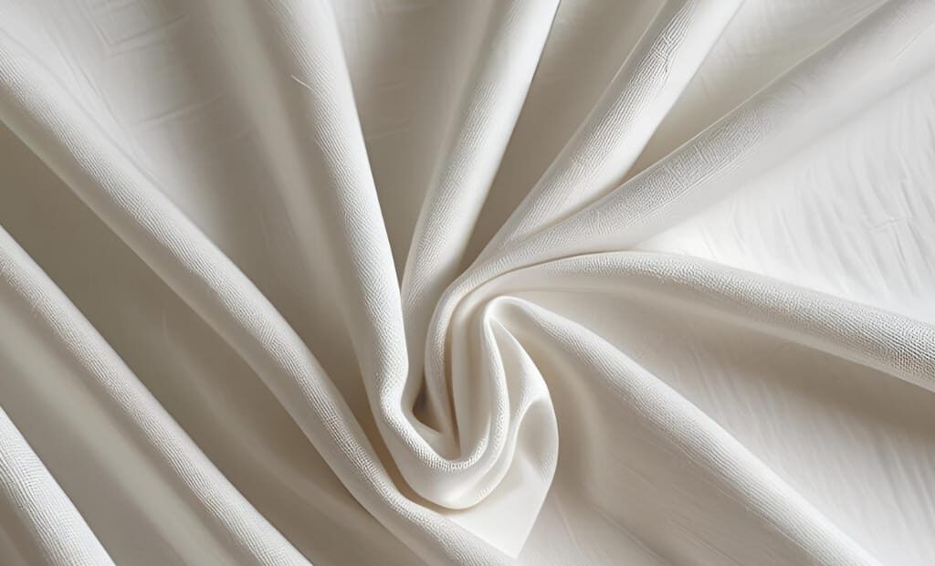 Close-up of smooth, shiny, cream-colored mercerized cotton fabric with soft folds and a subtle textured finish.