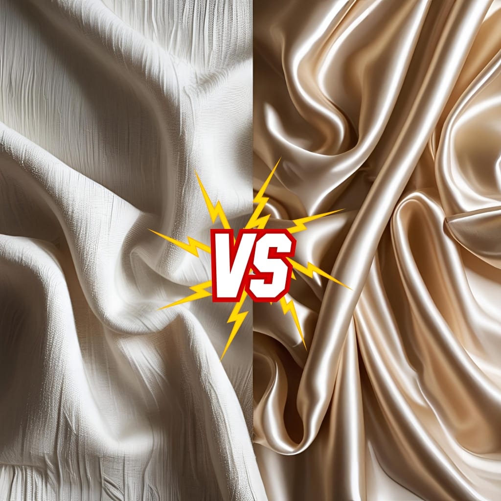 Side-by-side close-up images of two fabrics: on the left, a smooth, slightly textured cotton fabric with a matte sheen; on the right, a shiny, flowing silk fabric with a glossy surface. In the center, a "VS" with yellow lightning bolts indicating a comparison between the two.