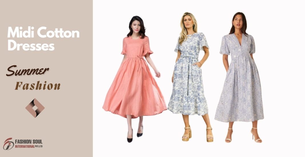 Three models wearing different styles of midi cotton dresses, with a beige background on the left side that has the text 