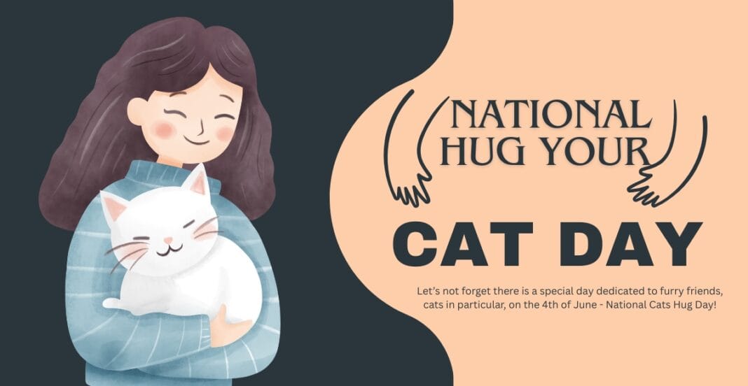 A cheerful girl hugging a white cat, celebrating National Hug Your Cat Day on June 4, with a split background of dark blue and beige, and an illustration of two hands hugging a cat.