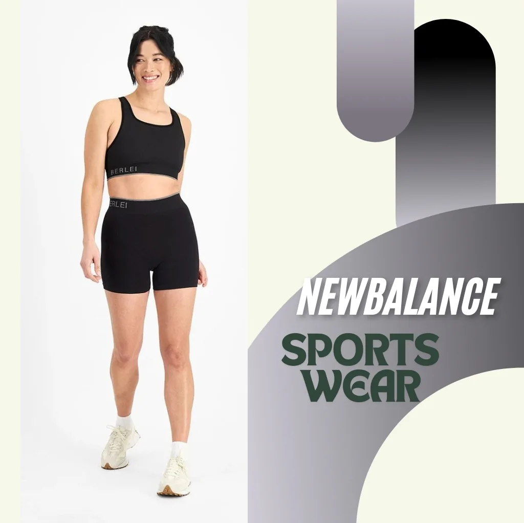 A woman dressed in black sportswear, including a sports bra and shorts, smiling and standing on a white background next to a modern graphic design with text.